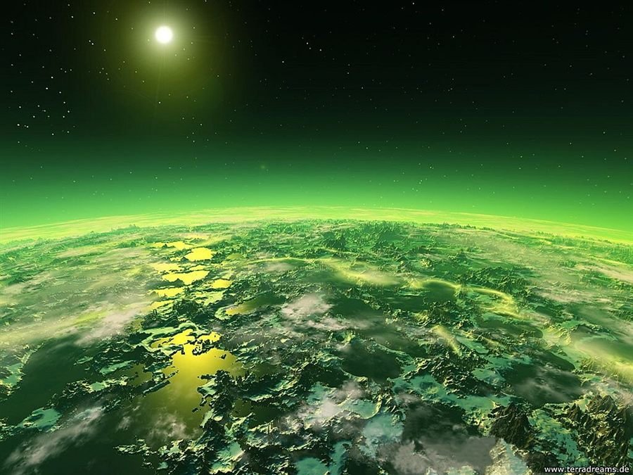Un planeta visto desde la órbita, con la atmósfera verde