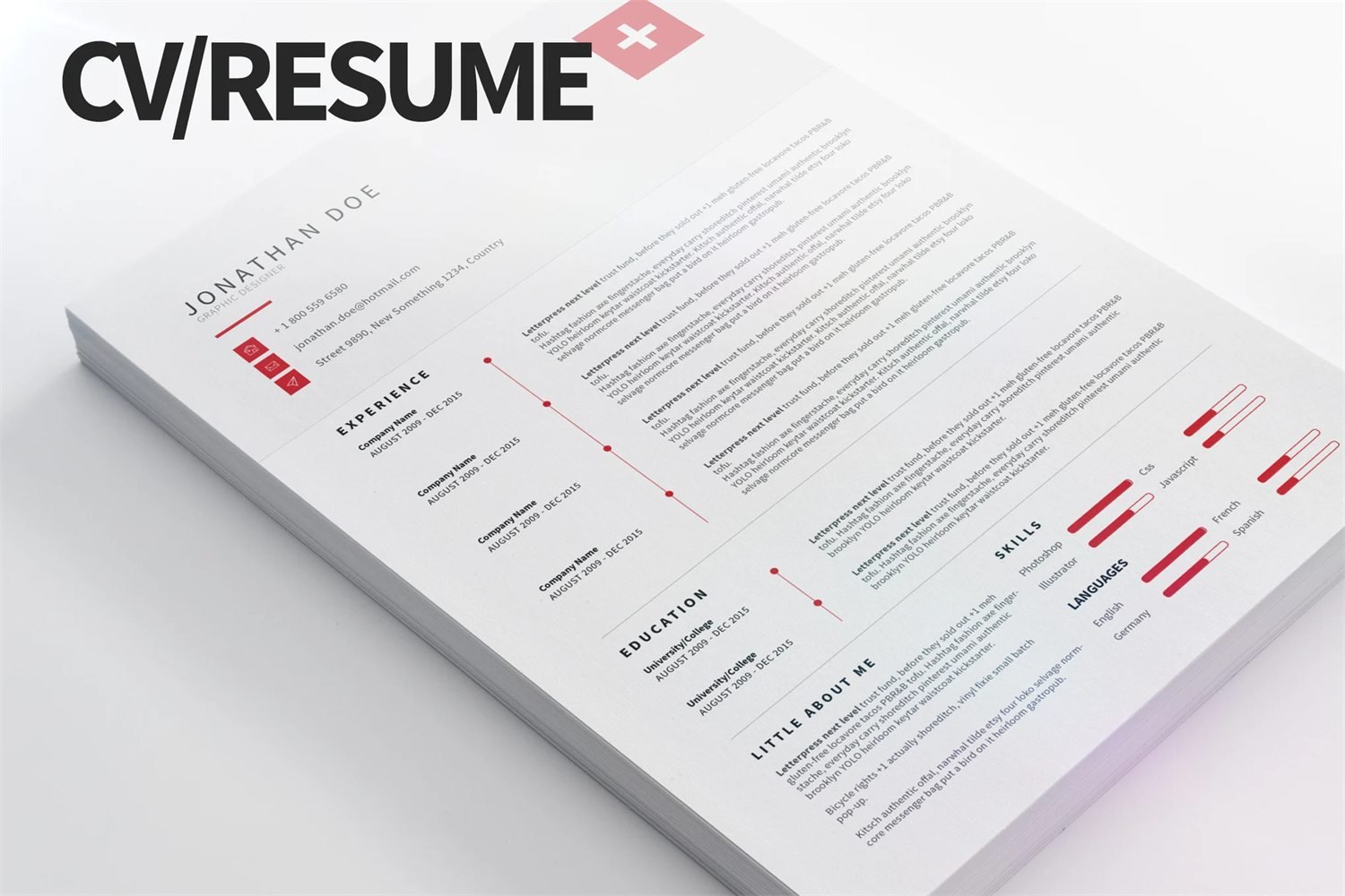 Currículum combinado con línea de tiempo, barras de habilidades e iconografía